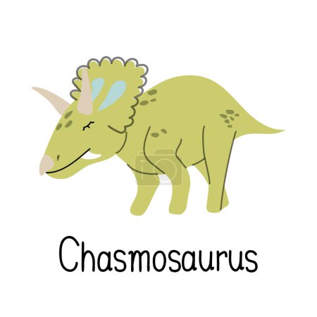 Illustration for Chasmosaurus dinosaur isolated on white background. Lettering Chasmosaurus. Cartoon character for kids t-shirt or web icon.  Vector hand drawn  illustration - Royalty Free Image