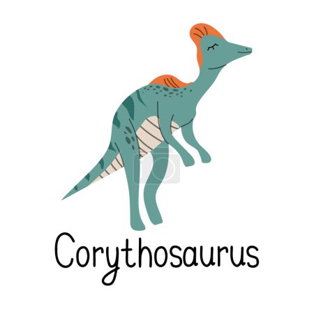 Corythosaurus dinosaurus von Hand gezeichnet prähistorisch. Schriftzug Corythosaurus. Design für T-Shirt oder Web-Symbol