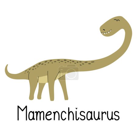 Ilustración de Dinosaurio Mamenchisaurus aislado sobre fondo blanco. Lettering Mamenchisaurus. Dino de dibujos animados con cuello largo para niños camiseta o icono de la web. Vector ilustración dibujada a mano - Imagen libre de derechos