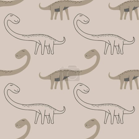 Patrón sin costura de dinosaurio Mamenchisaurus. Diseño de patrón de tela de bebé con dibujo de dibujos animados dino como vector