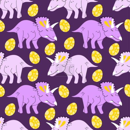 Illustration for Hand drawn cute dinosaurs background in violet patterns. Chasmosaurus dino vector illustration for baby girls bedding and pajamas - Royalty Free Image