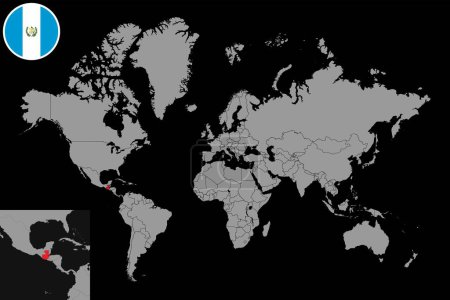 Ilustración de Mapa pin con bandera de Guatemala en el mapa mundial. Ilustración vectorial. - Imagen libre de derechos