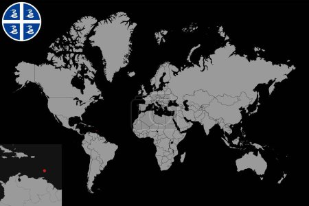 Téléchargez les illustrations : Carte à broches avec drapeau martiniquais sur la carte du monde. Illustration vectorielle. - en licence libre de droit