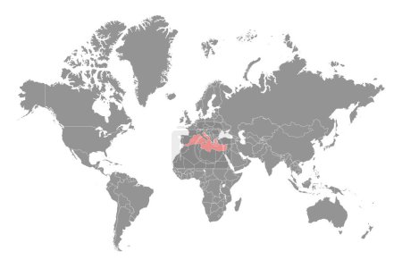 Ilustración de Mar Mediterráneo en el mapa del mundo. Ilustración vectorial. - Imagen libre de derechos