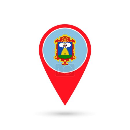 Téléchargez les illustrations : Pointeur de carte avec drapeau du département de l'Ayacucho. Pérou. Illustration vectorielle. - en licence libre de droit