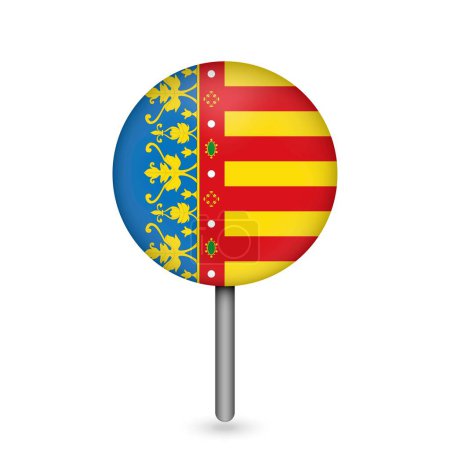 Puntero mapa con bandera de la Comunidad Valenciana, comunidad autónoma de España. Ilustración vectorial.