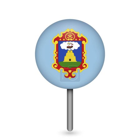 Téléchargez les illustrations : Pointeur de carte avec drapeau du département de l'Ayacucho. Pérou. Illustration vectorielle. - en licence libre de droit