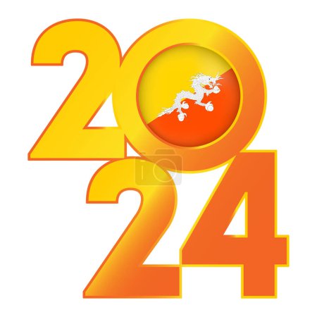 Illustration for Happy New Year 2024 banner with Bhutan flag inside. Vector illustration. - Royalty Free Image