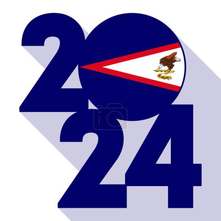 Ilustración de Feliz Año Nuevo 2024, bandera de sombra larga con bandera de Samoa Americana dentro. Ilustración vectorial. - Imagen libre de derechos