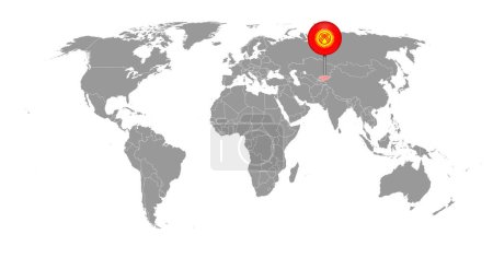 Téléchargez les illustrations : Carte à broches avec drapeau kirghize sur la carte du monde. Illustration vectorielle. - en licence libre de droit