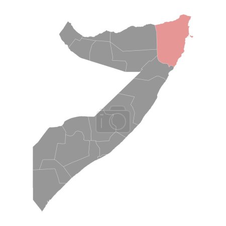 Carte de la région de Bari, division administrative de la Somalie. Illustration vectorielle.