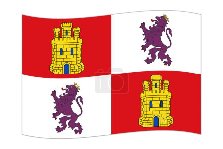 Waving flag of Castile and Leon, administrative division of Spain. Vector illustration.