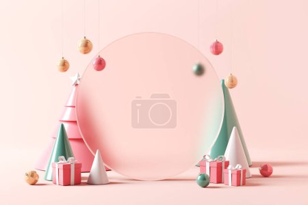 Pastel circle background with bauble balls and gift box for Christmas decoration holiday, 3d rendering, Copy space. Stand for Promotion Product