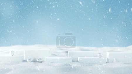 Antecedentes Navidad y año nuevo concepto de vacaciones de invierno. Pódium de escenario blanco mínimo con nevadas sobre fondo de nieve, representación 3d.