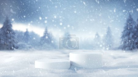 Téléchargez les photos : Contexte Noël et nouvel an concept de vacances d'hiver. podium d'étape blanc minimal avec chutes de neige sur fond de neige, rendu 3d. - en image libre de droit