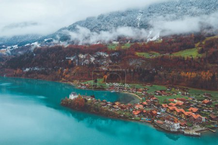 Téléchargez les photos : Vue aérienne, village d'Iseltwald avec des paysages naturels idylliques du lac Brienz avec des eaux turquoise. Suisse - en image libre de droit