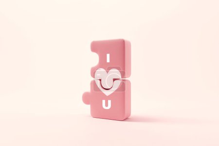 Photo for Two pieces matched jigsaw with red heart shape and wording i love u on pink background, Together with Love, Concept of perfect couple, valentine's day, 3d rendering - Royalty Free Image