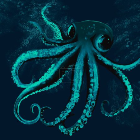 Photo for Beautiful aqua monochromatic art work interior picture of an octopus in deep water - Royalty Free Image
