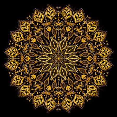 Photo for Beautiful shiny gold lace mandala Indian culture element on black background - Royalty Free Image