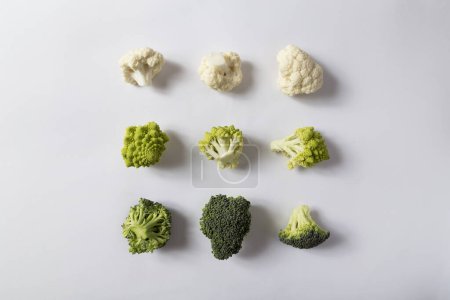 Téléchargez les photos : Vue du dessus des morceaux bruts de chou-fleur, brocoli et chou-fleur Romanesco isolés sur fond blanc - en image libre de droit