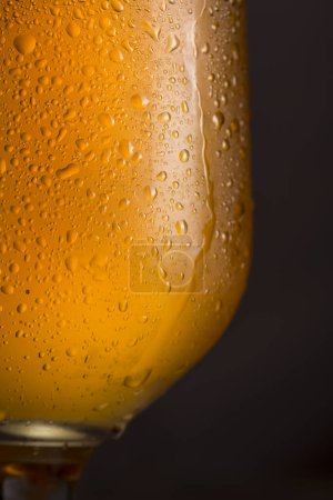 Foto de Detalle de un vaso húmedo de cerveza fría con espuma. Enfoque selectivo - Imagen libre de derechos