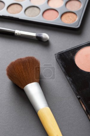 Téléchargez les photos : Vue grand angle d'une palette de fards à paupières, d'une palette de surligneurs, d'un pinceau de maquillage pour surligneurs et d'un pinceau de maquillage pour paupières - en image libre de droit