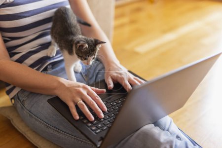 Foto de Mujer trabajando en su portátil en casa con su gato como asistente; mujer trabajando remotamente desde casa y jugando con su gatito mascota - Imagen libre de derechos
