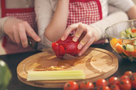 Photo for Detail of female hands cutting red pepper on a cutting board with kitchen knife. Selective focus on the pepper and the knife - Royalty Free Image