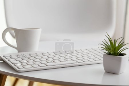 Photo for Detail of a modern home interior; white minimalistic home office atmosphere. Selective focus on the keyboard - Royalty Free Image