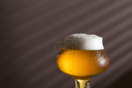 Foto de Detalle de un vaso húmedo de cerveza fría con espuma - Imagen libre de derechos