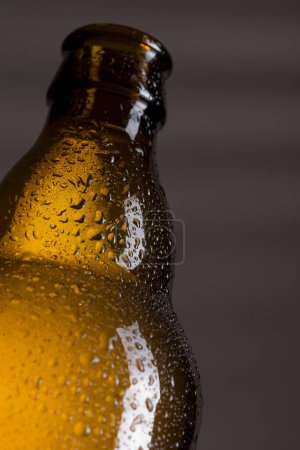 Foto de Primer plano de una botella de cerveza húmeda y bien refrigerada. Enfoque selectivo - Imagen libre de derechos