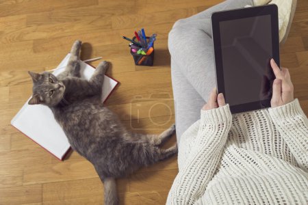 Téléchargez les photos : Vue de dessus d'une femme assise sur le sol, tenant une tablette et travaillant à la maison avec une tasse de café, un planificateur et un assistant chat. Concentration sélective - en image libre de droit