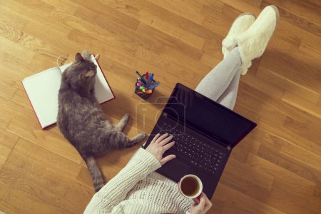 Photo for Top view of a woman holding a cup of coffee and working on her laptop at home with her cat as an assistant. Selective focus - Royalty Free Image