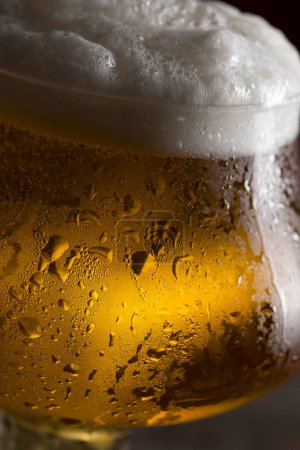 Téléchargez les photos : Gros plan d'un verre mouillé de bière froide légère avec mousse. Concentration sélective - en image libre de droit