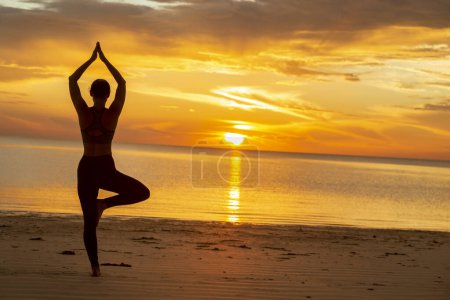 Téléchargez les photos : Jeune femme active faisant du yoga sur la plage, tenant une pose d'arbre ou Vrikshasana, debout équilibrant la pose de yoga et profitant d'un beau lever de soleil sur l'eau - en image libre de droit