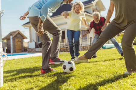 Photo for Detail of active senior people having fun playing football on the lawn in the backyard, enjoying sunny summer day outdoors - Royalty Free Image