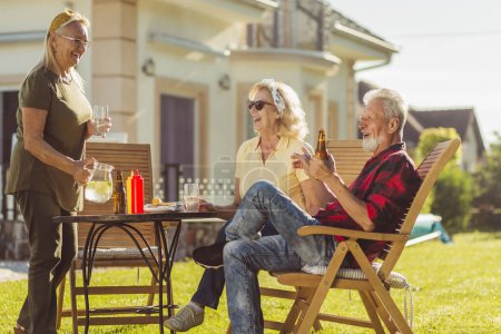 Téléchargez les photos : Groupe d'amis aînés joyeux déjeunant en plein air dans la cour arrière, réunis autour de la table, buvant de la bière et de la limonade et se relaxant par une journée d'été ensoleillée - en image libre de droit