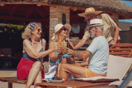 Photo for Group of senior friends relaxing and sunbathing on sun beds by the swimming pool while on a summer vacation, making a toast, drinking cocktails and beer and having fun - Royalty Free Image
