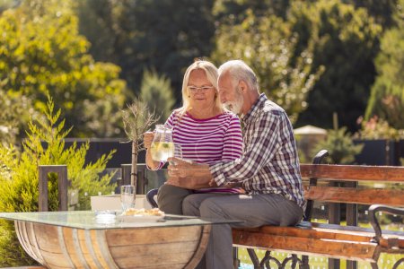 Foto de Alegre pareja de ancianos bebiendo limonada y relajándose al aire libre, mujer vertiendo un vaso de limonada a su marido - Imagen libre de derechos
