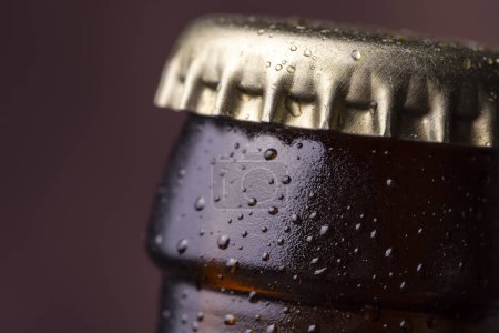 Photo for Detail of closed cold, wet beer bottle with dew and condensate water droplets on the surface of the glass - Royalty Free Image