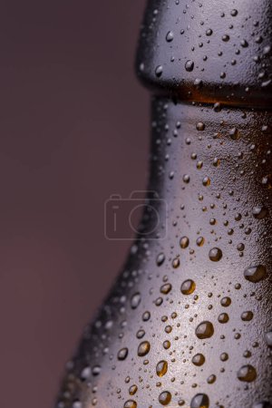 Téléchargez les photos : Détail de la bouteille de bière froide et humide avec des gouttelettes d'eau de rosée et de condensat à la surface du verre - en image libre de droit