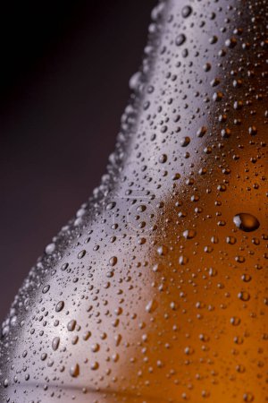 Téléchargez les photos : Macro image de bouteille de bière froide et humide avec de la rosée et des gouttelettes d'eau de condensat à la surface du verre - en image libre de droit