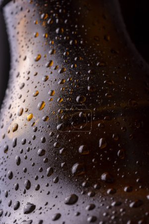 Téléchargez les photos : Gros plan de la bouteille de bière froide et humide avec des gouttelettes d'eau de rosée et de condensat à la surface du verre - en image libre de droit