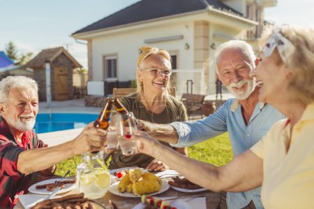 Téléchargez les photos : Groupe de voisins âgés faisant un toast tout en ayant un déjeuner en plein air dans la cour de la piscine, réunis autour de la table, s'amusant passer du temps ensemble - en image libre de droit