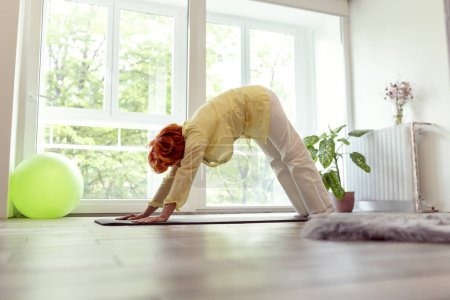 Téléchargez les photos : Femme âgée active faisant de l'entraînement de yoga à la maison, tenant vers le bas face à la pose de yoga pour chien - mode de vie sain et actif des personnes âgées concept - en image libre de droit