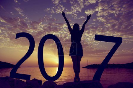Téléchargez les photos : Bonne nouvelle carte 2017 année. Une fille debout sur une plage, regardant le coucher du soleil, debout dans le cadre de 2017 signe - en image libre de droit