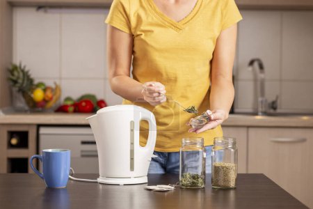 Foto de Mujer haciendo una taza de té por la mañana, añadiendo una cucharadita de hojas de menta secas en un recipiente de té - Imagen libre de derechos