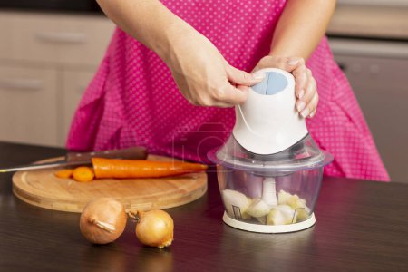 Photo for Detail of female hands turning on an onion chopper on the kitchen counter; woman making lunch in the kitchen, chopping onions - Royalty Free Image