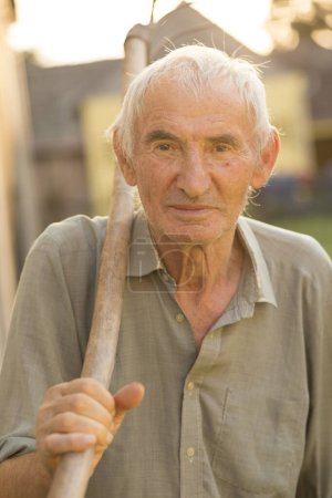 Photo for Portrait of an elderly man standing in a garden, holding rakes - Royalty Free Image