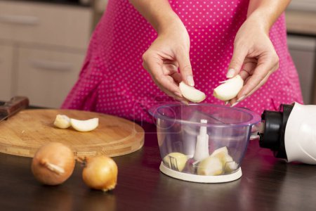 Téléchargez les photos : Détail des mains féminines mettant des oignons dans un hachoir à oignons ; femme faisant le déjeuner, hachant des oignons sur le comptoir de la cuisine - en image libre de droit